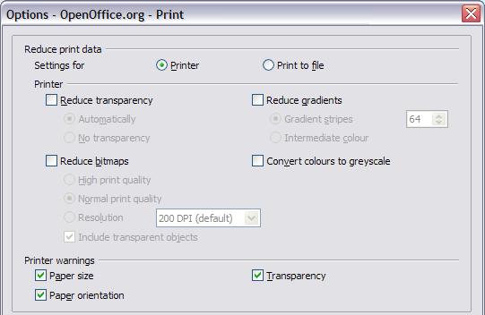 Figure 7. Choosing general printing options to apply to all OOo components Path options You can change the location of files associated with, or used by, OpenOffice.org to suit your working situation.