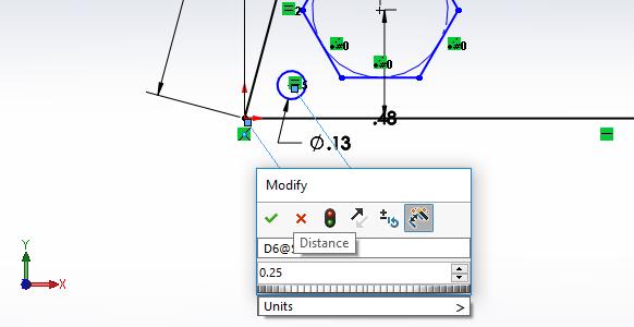 Click the green checkmark and press Enter to exit dimensioning. Click and drag on the center of the circle and note that it is constrained to move along an arc.