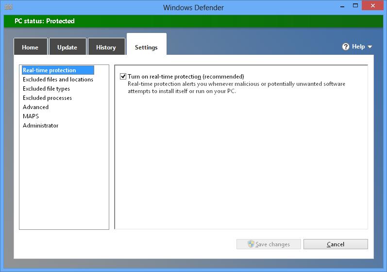 Slika 3.2.5 - Pregled podešavanja Windows Defender-a, zaštita u stvarnom vremenu U okviru kartice Update moguće je izvršiti ažuriranje programa, ukoliko postoje novije verzije.
