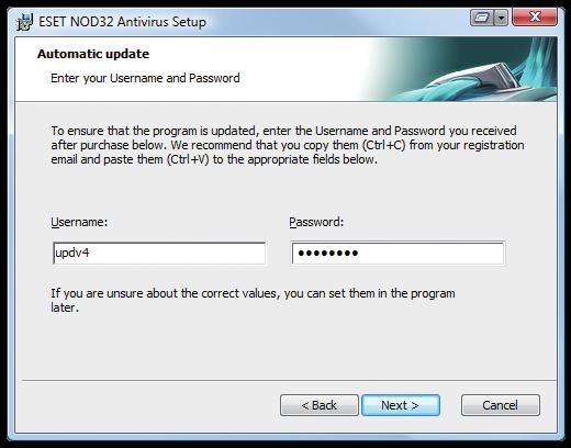 Username and Password for updating the program Setting up your username and password for update is vital for the correct functioning of ESET NOD32 Antivirus.
