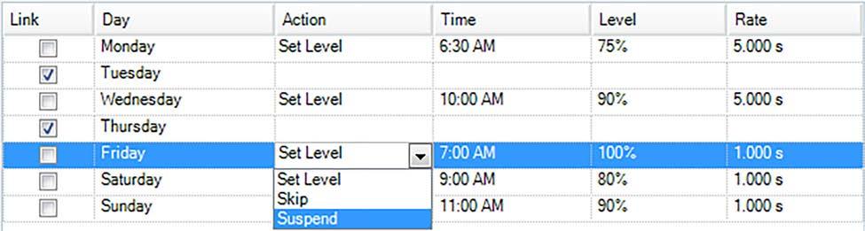 transition between actions DEVICE SETTINGS: SCHEDULES: DESIGN CENTER: SETTING SHADE POSITION SCHEDULES LINK: By checking the day, a hold is placed to retain the same schedule settings as the