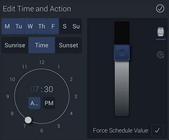 Each schedule supports up to eight tracks. Click track 1 to define the name. Click the gray bar to access Edit Time and Action. 1. Track Name - Name the track. Press to save. 2.