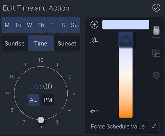 DEVICE SETTINGS: SCHEDULE TYPE: ESTABLISHING COLOR TEMPERATURE TRACKS Click track 1 to define the name. Click the gray bar to access Edit Time and Action. 1. Track Name - Name the track.