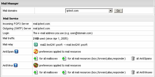To manage antivirus at the level of mail domains: 1. Go to the Mail Info menu and select a mail domain from the drop down box. 2.