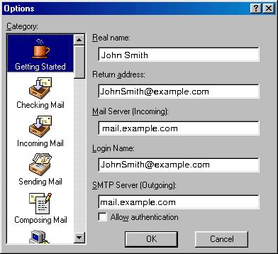 Real name enter the name you would like others to see when they receive your e mail; Return address your full e mail address; Mail Server your incoming mail server; Login Name your e mail address;