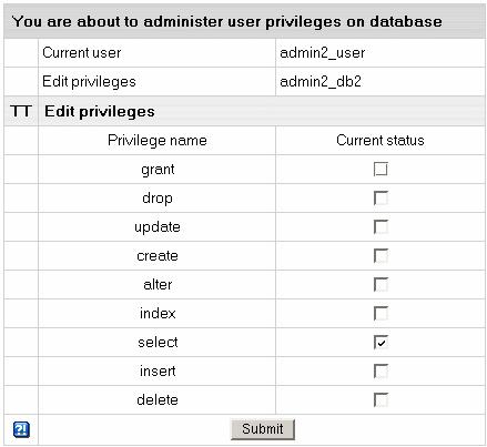 7. Check or uncheck the desired privileges and press the Submit button. Note: For more information on MySQL access privileges, please refer to www.mysql.com.