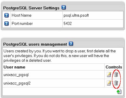 To change the user password, do the following: 1. Click the PostgreSQL Server icon on your control panel home page. 2. Click the Change icon next to the name of the user. 3.