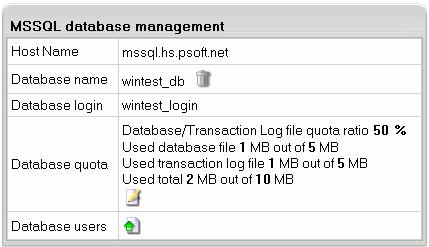1. Click MS SQL Server on your control panel home page. 2. On the page that appears, click the name of existing database or click the Edit icon in the Controls section.
