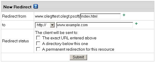 The exact URL entered above redirects requests for any files in the indicated directory to one file. For example, to redirect all requests for products.html file to the following URL: 'www.example.net', enter www.