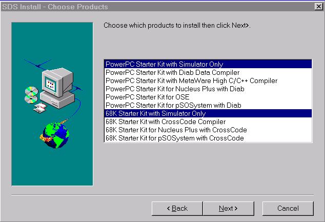 3. Select PowerPC Starter Kit with Simulator Only and 68K Starter Kit with Simulator Only, then click on the