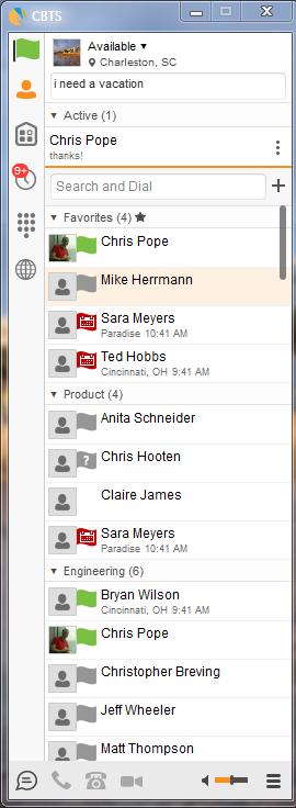 1.3 Main Window When you start Business Communicator for the first time, your Contacts list is empty. Use the Search and Dial field to find people and add them to your Contacts list.