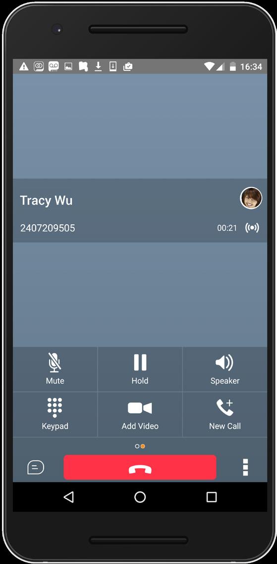 8.4 In Call Actions Figure 4 In Call Screen From the In Call screen, you can perform the following actions: End a call Mute the microphone Place a call on hold Adjust the volume Escalate from audio