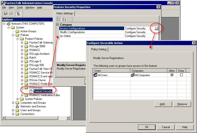 B SECURITY 3. In FactoryTalk Administration Console, click on the RSNetWorx folder (located under System > Policies > Product Policies), to expand it. You will see the Feature Security file. 4.