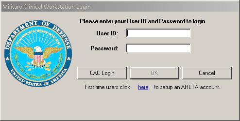 Click Acknowledge or Accept. Figure 14: Published Application Security Banner (AHLTA) The application login window should now display.
