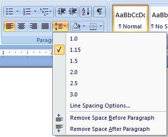 5 Modifying Line Spacing MORE TASKS IN MICROSOFT WORD Line spacing in Word refers to the amount of space between lines of text. The default in Word 2007 is 1.