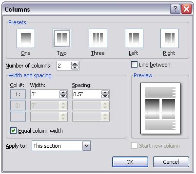 8 Design tab: Layout tab: Formatting Columns Depending on the type of document you re creating, you may want your text to appear in two or more columns on the page.