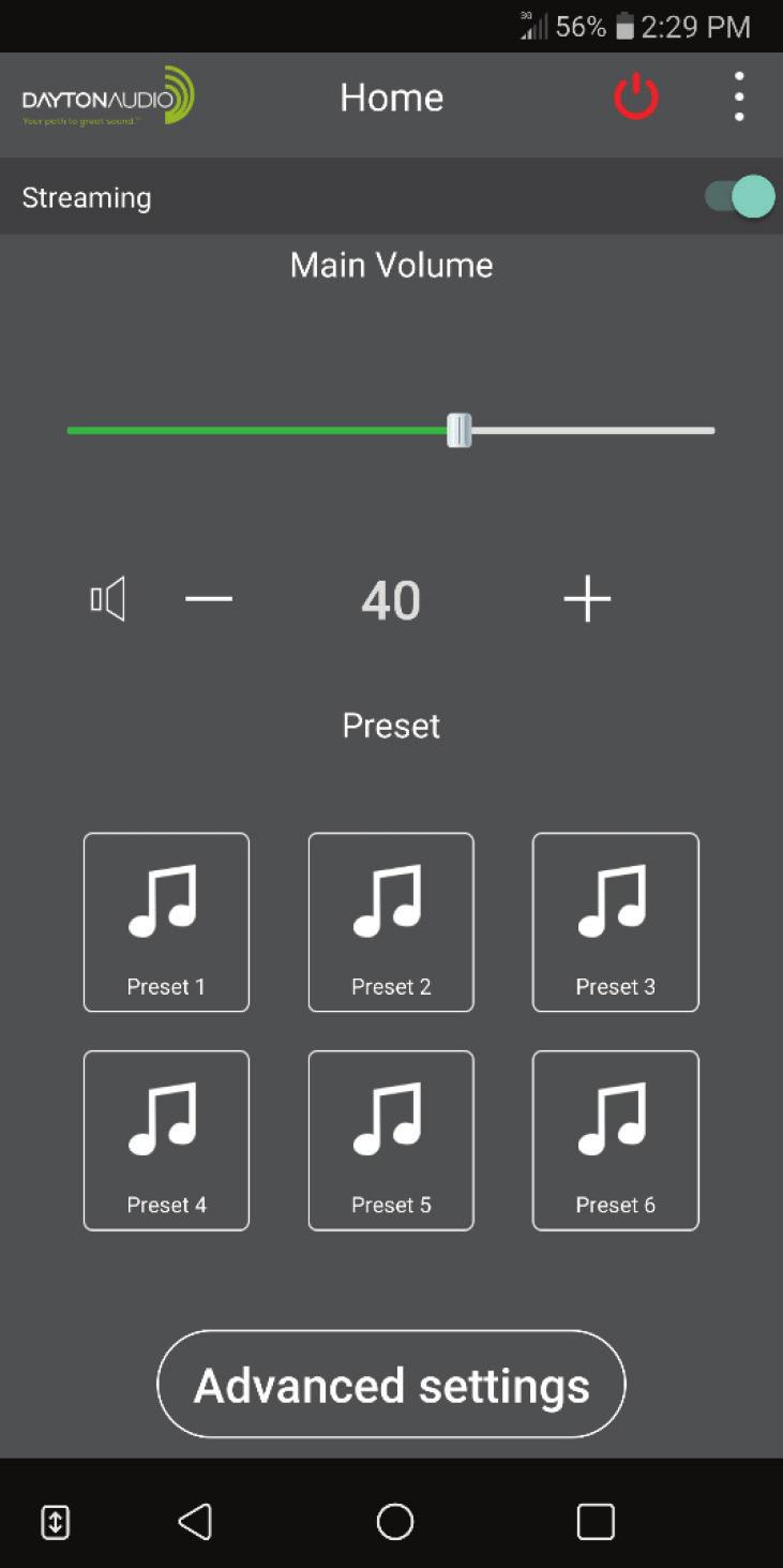 Operating the Mobile App There are 5 menu screens for the DSP-408 s mobile app (Dayton Audio DSP Control) The Main Menu To return to the Main Menu, simply press the back button at the top left of any
