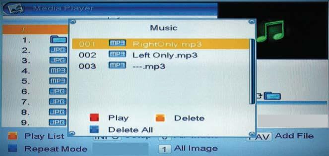 Red Key: Play the file list from the 1st music file. Yellow Key: Delete the file highlighted by Yellow key. Blue Key: Delete all files by blue Key, with a remind Are you sure to save? 8.