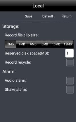 In this interface, you can set storage and alarm.