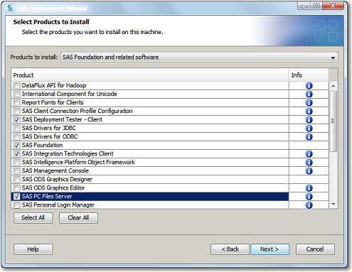 Select Products to Install: This window shows a list of SAS products and components.
