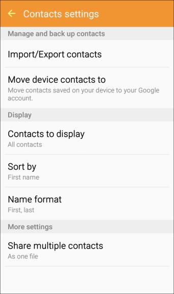 Contacts Settings Configure options for contacts stored on your phone. 1. From home, tap Apps > Contacts. You will see the Contacts list. 2.
