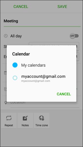 Select My calendars to create an event that will appear only on your phone. Select your Google Account to create a Google Calendar event.