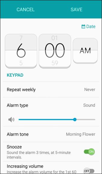 2. Tap Add. 3. Set the alarm options, including time, days, and repeat pattern. 4. When finished, tap Save. You will see the alarm icon in the status bar.