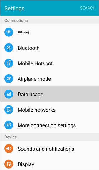 From home, tap Apps > Settings > Data usage. The data usage window opens. Data Usage Settings Options Mobile data: Tap ON/OFF next to Mobile data.