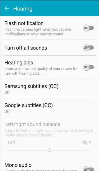 2. Tap Hearing to configure options: Flash notification: Flash the camera light when you receive notifications or when alarms sound. Turn the device over to stop the flashing.