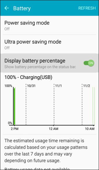 1. From home, tap Apps > Settings > Battery. 2. Tap Display battery percentage to show the percentage of battery charge remaining on the status bar. 3. Tap items to view details.