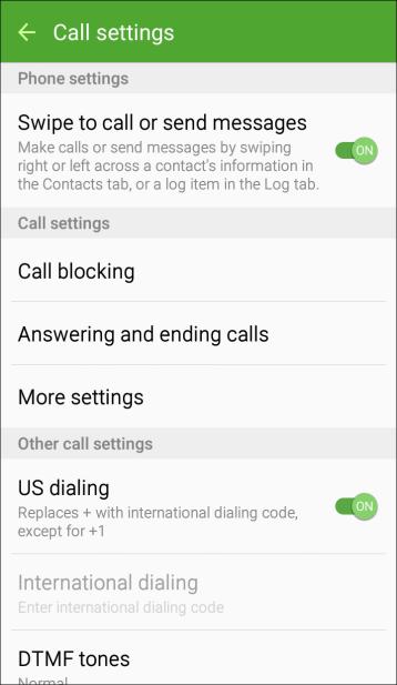 Access Call Settings From home, tap Phone > More > Settings. The Call settings menu displays.