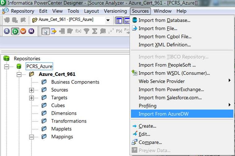In the Source Analyzer, click Sources > Import From AzureDW. In the Target Designer, click Targets > Import From AzureDW. The Import from AzureDW dialog box appears. 2.