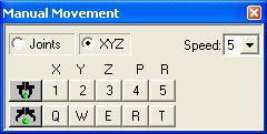 Figure 5-4: Manual Movement Dialog Box (XYZ) XYZ When XYZ is selected, clicking the buttons (or pressing the corresponding keys on the keyboard) moves the TCP, as described below.