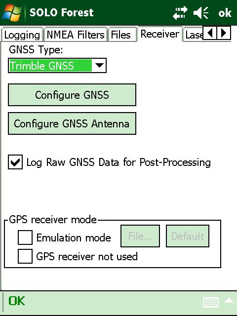 When selecting Trimble GNSS the Configure GNSS and Configure GNSS Antenna buttons become active. By default "Smart" control over GNSS settings are used and applied.
