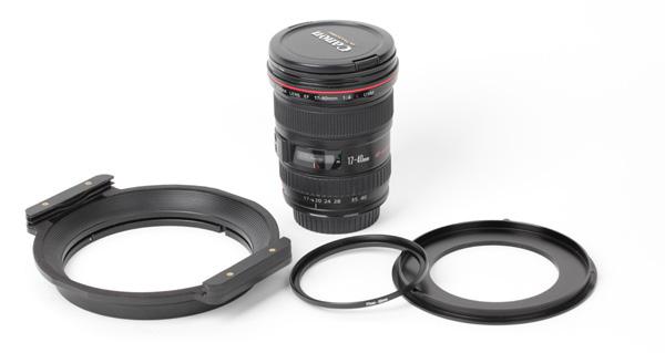 150-82 Adapter Ring Mount the 77mm-82mm step-up ring on the Canon 17-40mm lens first, then, add on