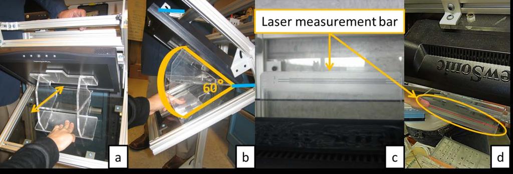 Figure 5-9: a) Place the calibration device between the front of the monitor and the mirror; b) rotate the holding frame downward until the laser measurement bar becomes level with the aluminum