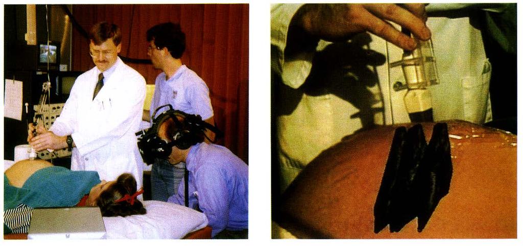 Figure 2-4: (Left) A technician scans a subject while another person looks on with the video seethrough head-mounted display (HMD).