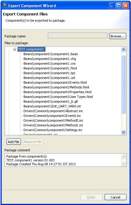 Chapter 3 Exporting and importing components Figure 3-2. Export component files screen 3. Name the package and click Finish.