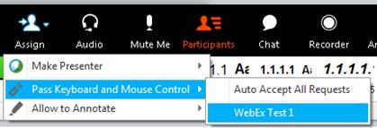 7 Assigning Keyboard and Mouse Control After following section 5 or 6 and sharing your screen or web browser, it is possible to assign permission to a participant to take control of your keyboard and