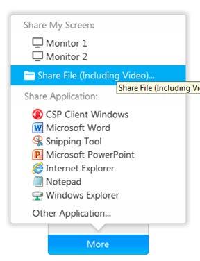 8 Sharing a File You may wish share content with participants including your files (including video), desktop, applications, web content or web browsers within WebEx Meeting Center.