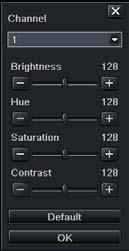 Step3: in this interface, user can adjust brightness, hue, saturation and contrast in live; click default button to resort default setting, click OK button to save the setting.
