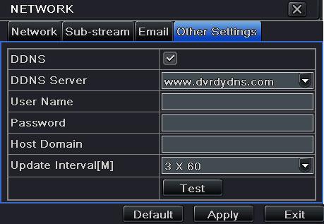 4.6.4 Other settings Step1: enable DDNS server: user needs to input user name, password and host domain name of the registered website and then click TEST to test the effectiveness of the relevant