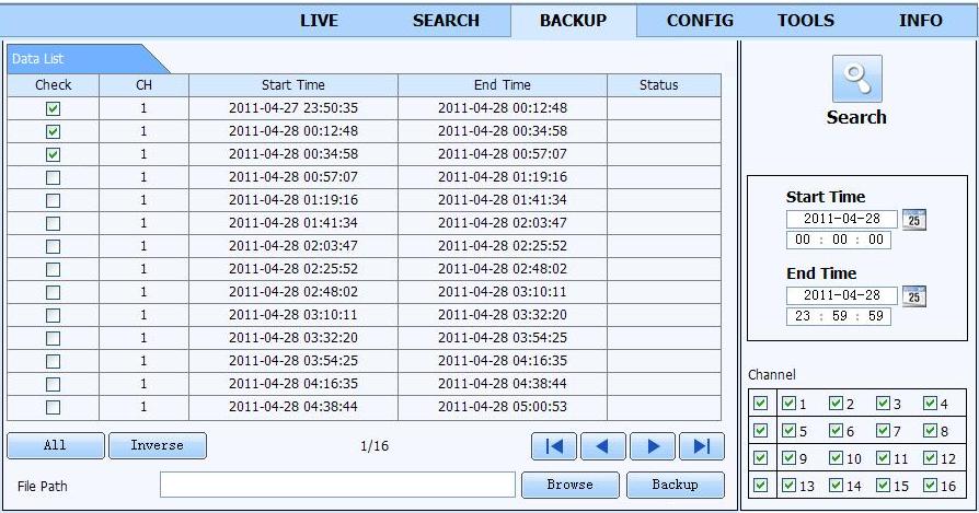7.3.2 Remote backup Click Backup button to enter into backup interface, refers to Fig 7-10: Fig 7-10 remote backup interface Step1: select channels, set the start and end time, then click search