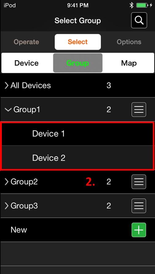 1. In the Select Group screen, tap the group you want to operate. 2. When you select a group, devices registered in the group is displayed.