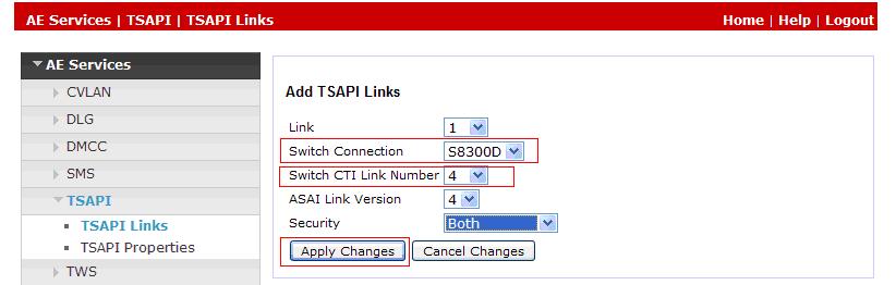 6.2. Configure TSAPI CTI Link Navigate to AE Services TSAPI TSAPI Links to configure the TSAPI CTI link. Click the Add Link button to start configuring the TSAPI link.