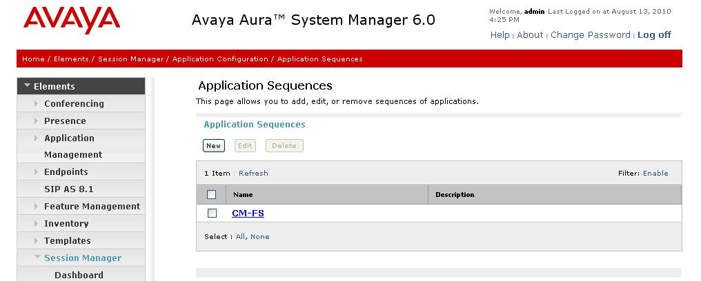 The screen below shows the Application Sequence, CM-FS, defined during the compliance test.
