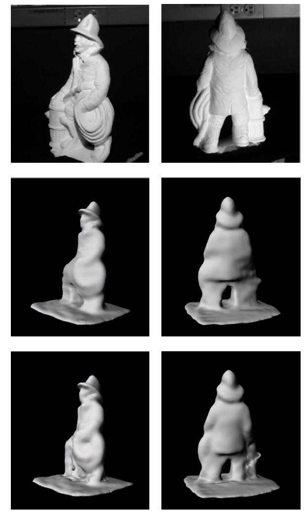 Results More results using real world data. The top shows images of the object illuminated by different light sources. The central row indicates reconstruction results obtained using space carving.