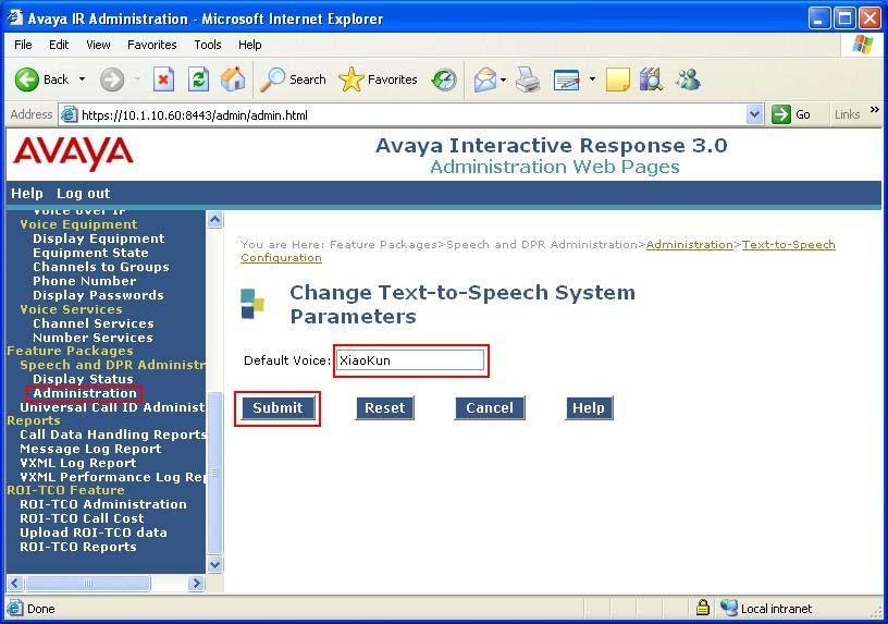 7. To Configure the TTS engine in Avaya IR, click Administration under Speech