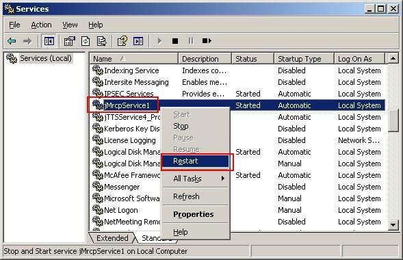 3. Click Start > Administrative Tools > Services. In the Services window, right-click on jmrcpservice1 and click Restart to effect the changes in Step 2. 6.