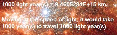 Since From light years and To km are selected, the following happens: MEMORY converteddistance: timetotraversedistance: fromunits: tounits: 9.4605284E+15 1000 light year(s) km Generate the output.